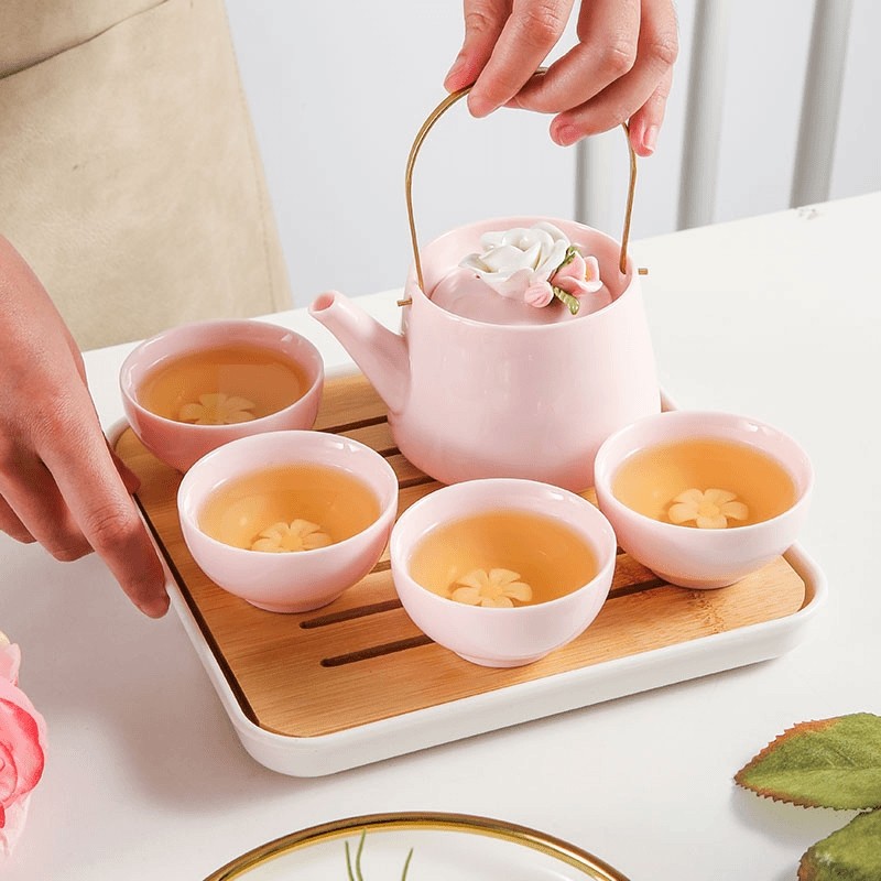新款粉色功夫茶具套装羊脂玉瓷女士家用轻奢陶瓷茶杯泡茶一壶四杯
