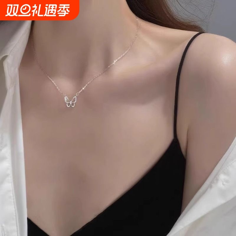 镂空蝴蝶项链女ins潮气质锁骨链小众设计感简约森系颈链足银闺蜜