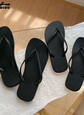 细细条男女夹脚凉拖鞋人字拖简约百搭情侣夏沙滩鞋平底防滑黑色