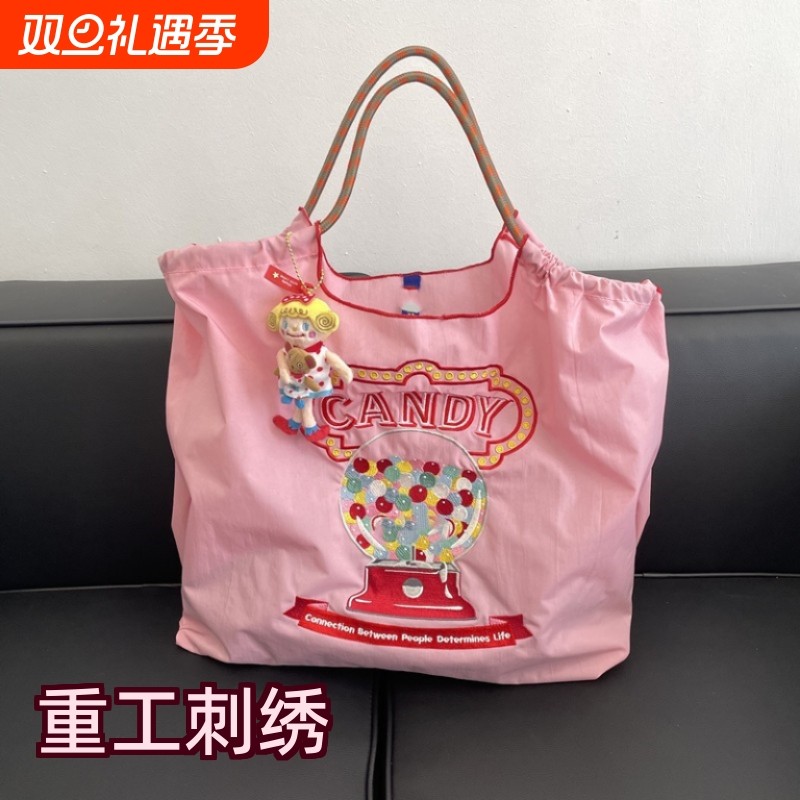女士刺绣购物袋手拎包牛津布袋刺绣尼龙防水购物袋手提斜跨单肩包