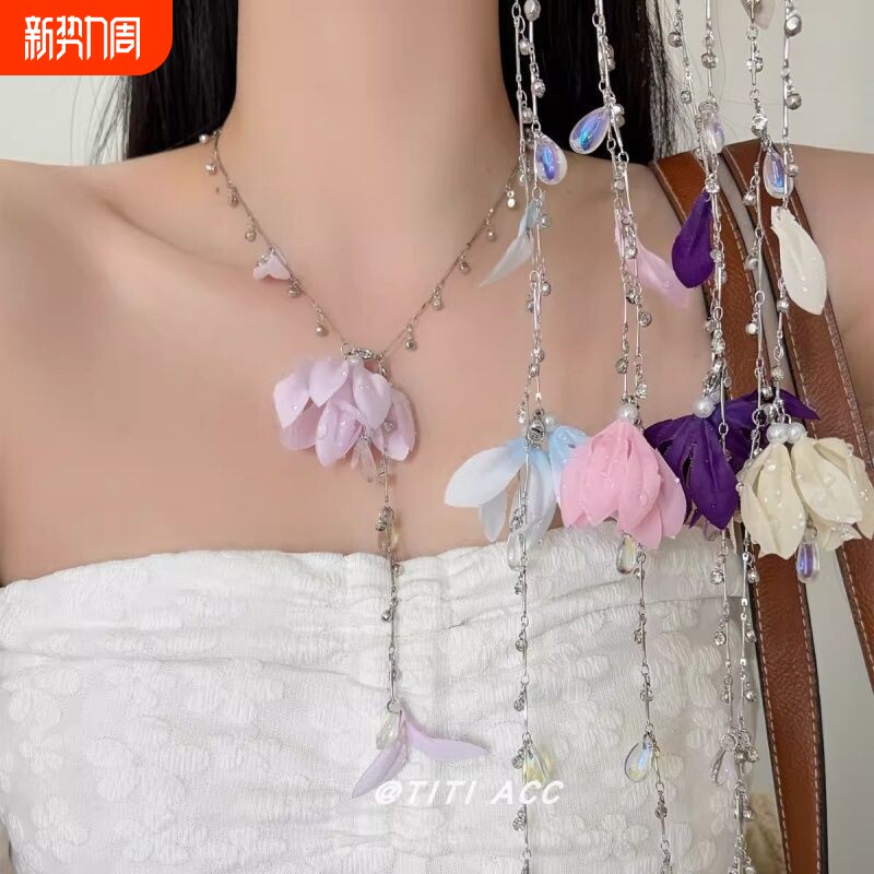 布艺花朵吊坠项链女2026新款小众高级设计感锁骨链海边度假风配饰