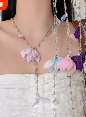 布艺花朵吊坠项链女2026新款小众高级设计感锁骨链海边度假风配饰