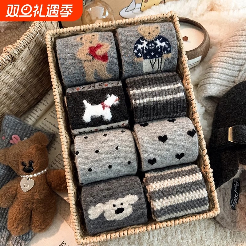 条纹袜子女秋冬季加绒加厚保暖中筒袜日系可爱学生袜防臭吸汗长袜