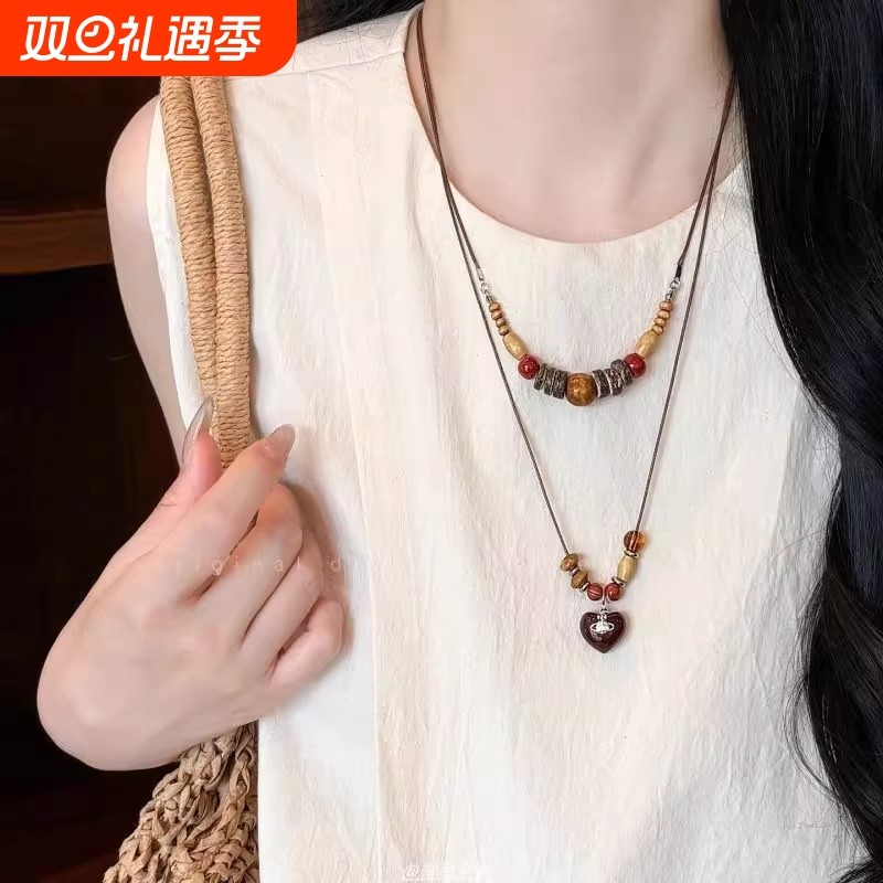 复古木质串珠吊坠项链女小众设计感民族风配饰时尚长款百搭毛衣链
