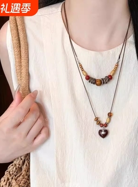 复古木质串珠吊坠项链女小众设计感民族风配饰时尚长款百搭毛衣链