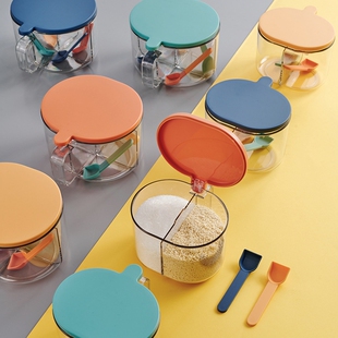 广华撞色四格一体调味罐 北欧厨房收纳调料盒 翻盖透明防尘调味盒