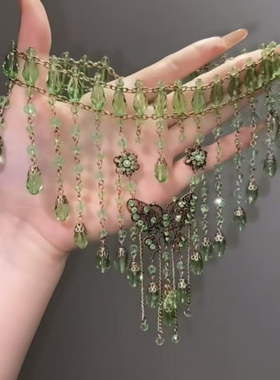 甜酷重工水滴串珠绿色蝴蝶项链2026精致高级新款小众辣妹流苏锁骨