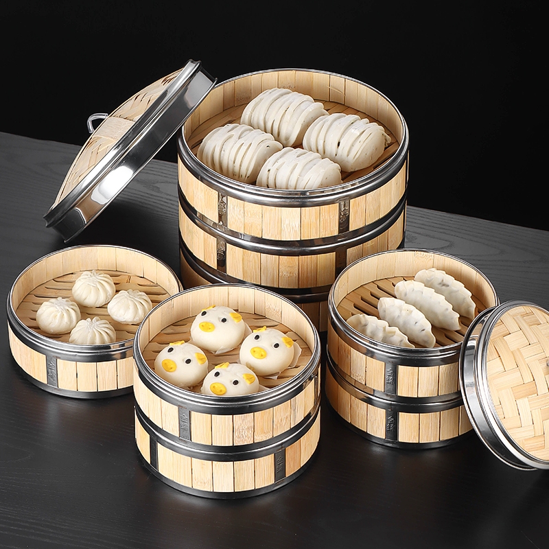 商用蒸屉竹制小笼包蒸饭笼不锈钢包边蒸格蒸笼竹子蒸米饭家用盖子
