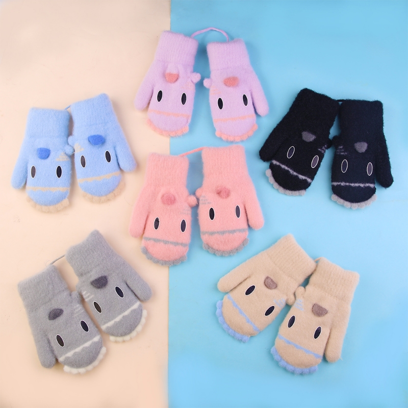 4-7岁全包手套秋冬男女童儿童宝宝保暖针织加绒加厚卡通可爱粉色