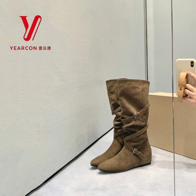 YEARCON/意尔康堆堆靴女中高筒牛仔长靴女士西部靴卡其色平底中筒