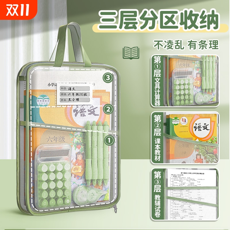 L型科目分类袋手提透明文件袋拉链式网纱大开口学生拎书袋考试专用袋初中生小学生作业补习袋档案试卷收纳袋