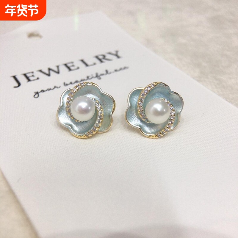 诸暨天然淡水珍珠耳钉女微镶锆石卷卷花珍珠耳饰S925纯银耳针