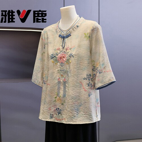 妈妈夏装国风刺绣上衣服中年女装