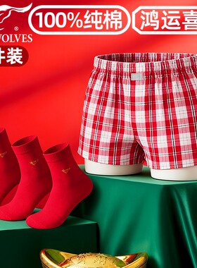 七匹狼喜庆红格纯棉阿罗裤男袜子