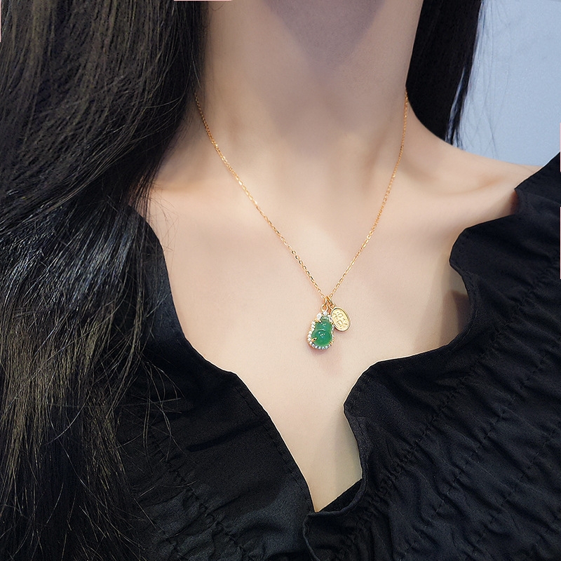 s925纯银绿玉髓葫芦项链女国潮新中式招财纳福牌子轻奢风小众设计