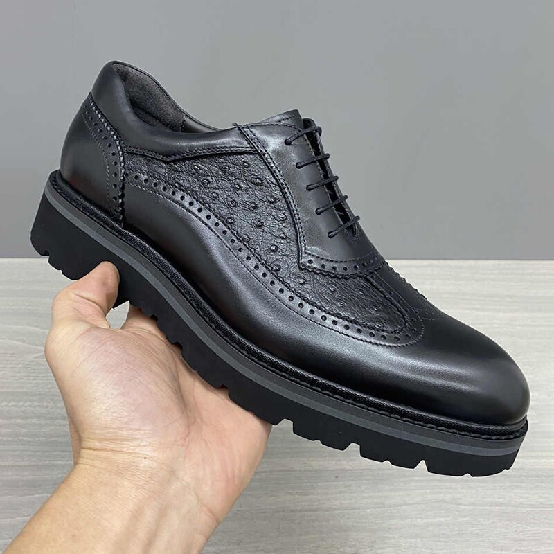 男士意大利进口鸵鸟皮+牛皮经典款轻底系带布洛克商务休闲皮鞋男