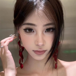 复古轻奢红色花瓣耳环个性夸张气质长款耳坠小众设计感百搭耳饰女