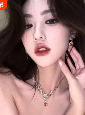 爆闪黄色水滴吊坠项链耳环套装贵气高级感晚宴礼服锁骨链轻奢耳饰