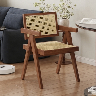 中古实木餐椅家用侘寂风昌迪加尔椅子复古扶手椅靠背餐桌藤编椅子