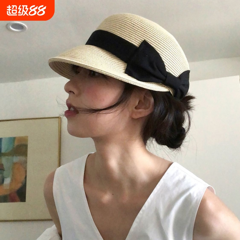 夏季圆顶马术鸭舌帽女蝴蝶结户外显脸小减龄草帽防晒遮阳草编帽子