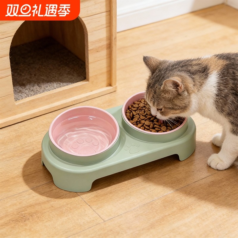 双碗猫狗碗宠物仿打翻慢食碗猫狗通用喂食器特大号防溢出饮水碗