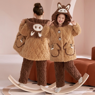女童卡通珊瑚绒夹棉加厚睡衣套装