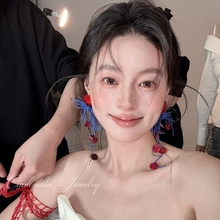 气质新娘耳环个性夸张长款红蓝撞色耳钉高级感礼服旗袍晨袍耳饰品