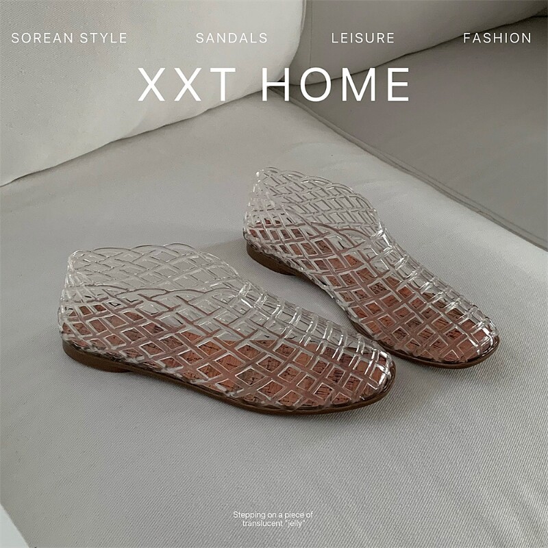 细细条 小众时尚渔网果冻鞋欧美镂空网格软平底沙滩度假浅口单鞋