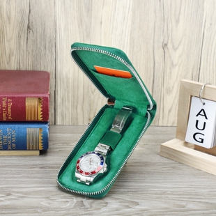 十字纹头层PU皮时尚真软皮高档手表盒一只装旅行便携式拉链手表袋