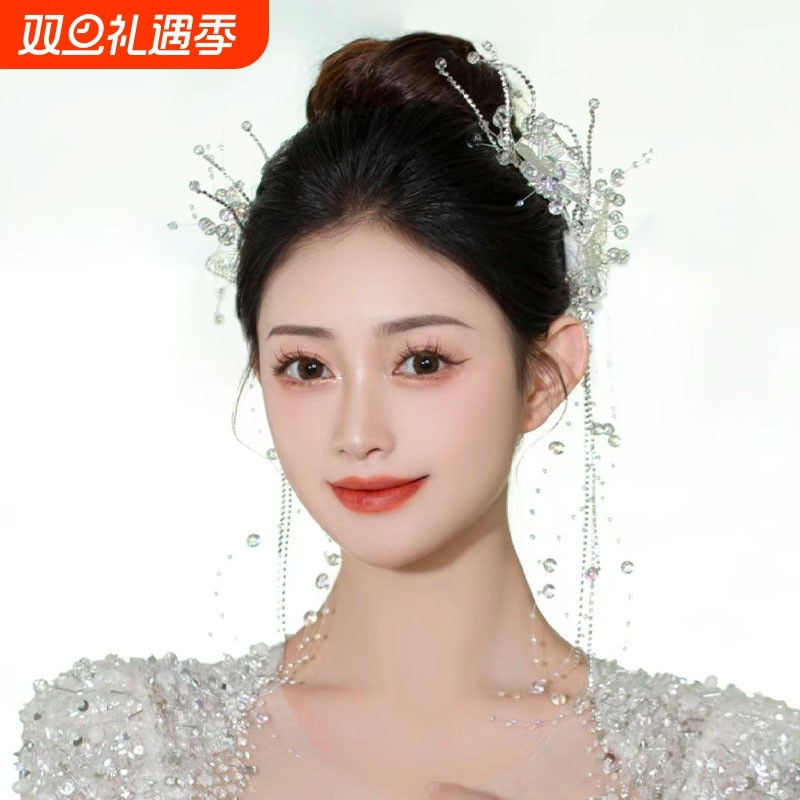 韩式新娘头饰水晶发夹蝴蝶流苏对夹主婚纱拍婚纱照旅拍发饰配饰品