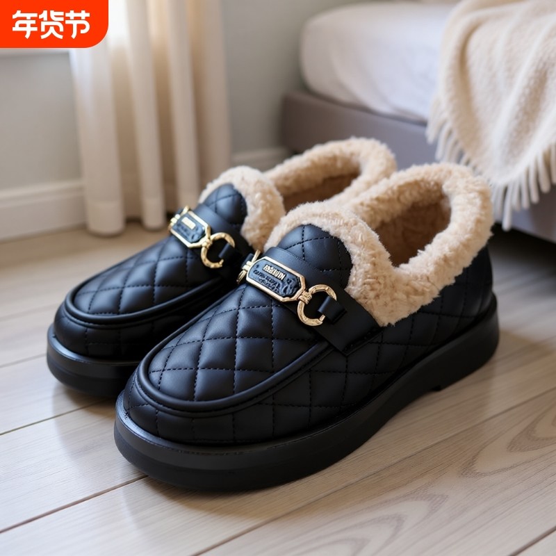 软底女鞋乐福鞋女2025年冬季新款一脚蹬加绒棉鞋豆豆鞋毛毛鞋防滑,女鞋,乐福鞋（豆豆鞋）,淘宝优惠券,粉丝福利购,淘宝优惠卷