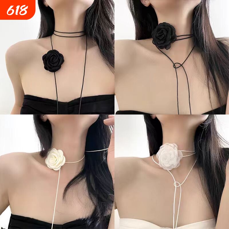 玫瑰花项链女生款choker颈花黑色花朵项圈颈带山茶花脖子配饰颈
