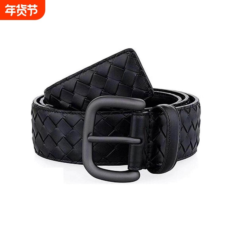 LVАFGН头层编织皮带男士款真牛皮针扣黑色商务百搭腰带牛仔西裤