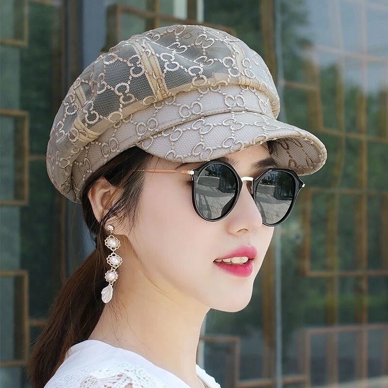 夏季蕾丝网纱鸭舌帽八角帽透气贝雷帽时尚网眼薄女遮阳帽大帽檐