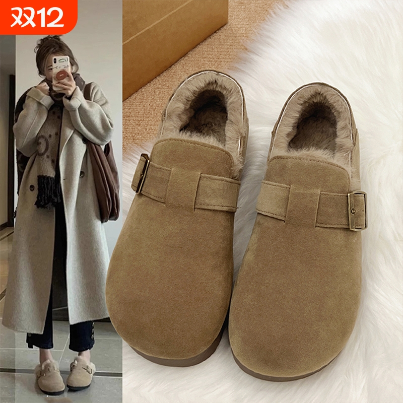 加绒全包勃肯鞋女2025新款冬款一脚蹬复古毛毛棉鞋加厚保暖雪地靴