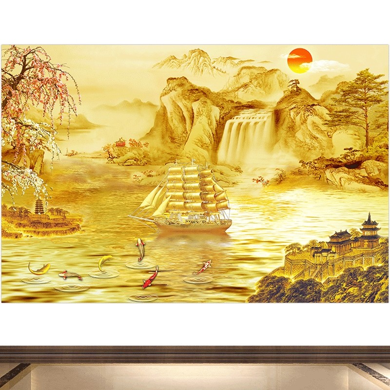 自粘画一帆风顺金帆船顺风顺水风水画背靠金山装饰画中堂招财聚财