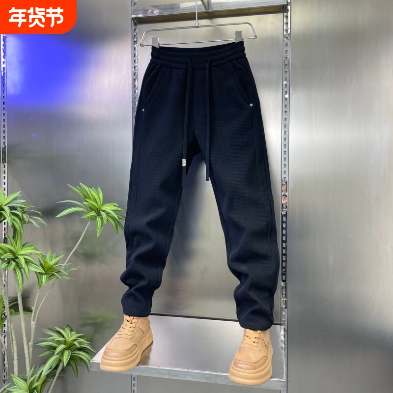 2026春秋季新品欧棉绒斜纹直筒裤小脚裤松紧腰哈伦休闲裤子男防风