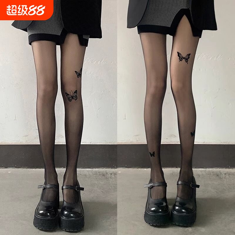 黑色蝴蝶结丝袜女性感黑丝纯欲连裤袜可爱印花jk洛丽塔超薄款波点图片