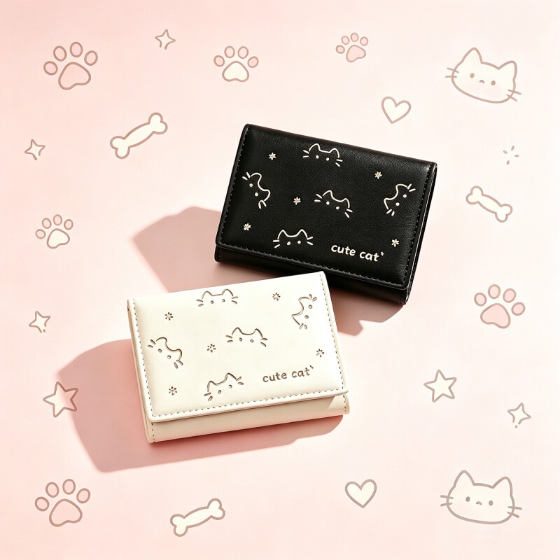 日式简约猫咪印花女短款钱包图片