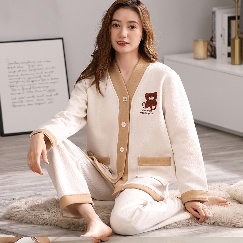 秋冬季夹层睡衣女款空气棉春秋加厚纯棉长袖薄夹棉加厚家居服套装