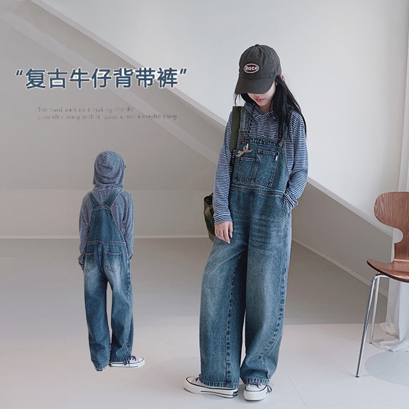 女童背带裤春秋季新款中大童初中生休闲牛仔裤童装儿童直筒阔腿裤