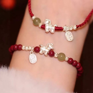 马踏红运天然朱砂手串正品 足银999马本命年红手绳手链叠戴 女款