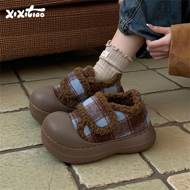 细细条复古撞色格子面包鞋棉鞋