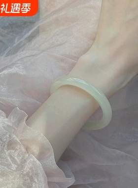 爆款仿新疆和田玉青白玉晴水冰种玉石手镯子叮当镯细圆条冰透女宽