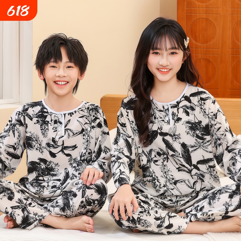 夏季儿童棉绸睡衣男童女童家居服男孩中大童薄款绵绸长袖空调套装