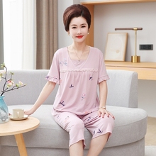 莫代尔睡衣女夏季薄款短袖凉感家居服中老年妈妈七分裤加大码套装