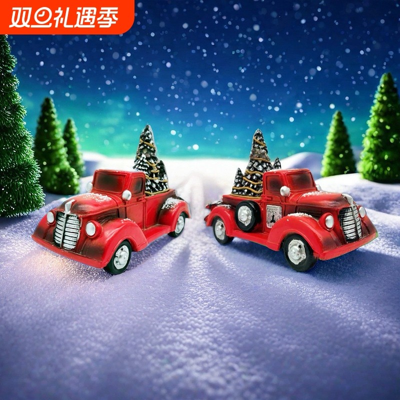 新品树脂摆件工艺品圣诞卡丁汽车红色拉圣诞树led灯闪烁装饰