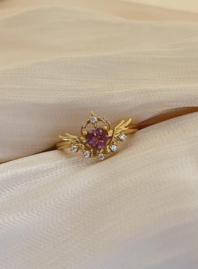 小清新仙女风魔法少女羽翼戒指女开口可调节粉色镶钻爱心指环轻奢