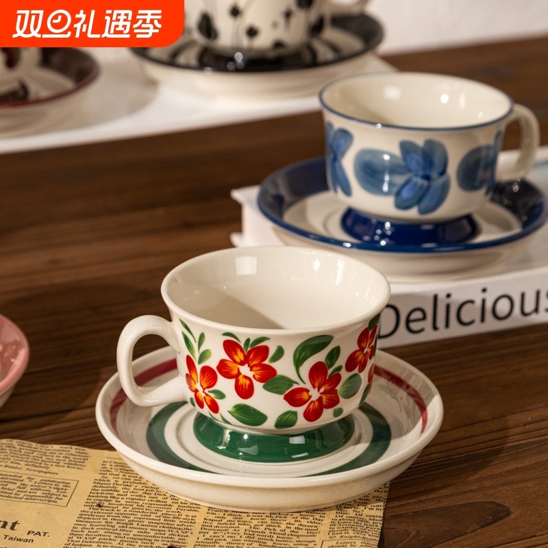 中古风咖啡杯手绘小众下午茶杯精致高颜值马克杯高级感咖啡杯