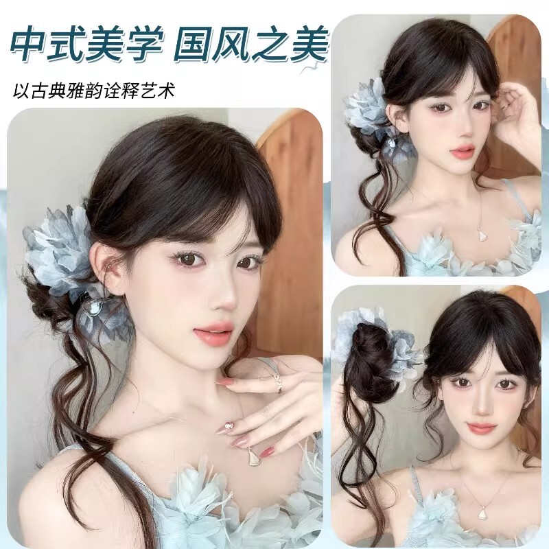 丸子头假发女龙须发包抓夹蓬松氛围感侧扎发圈盘发饱满后脑勺花朵